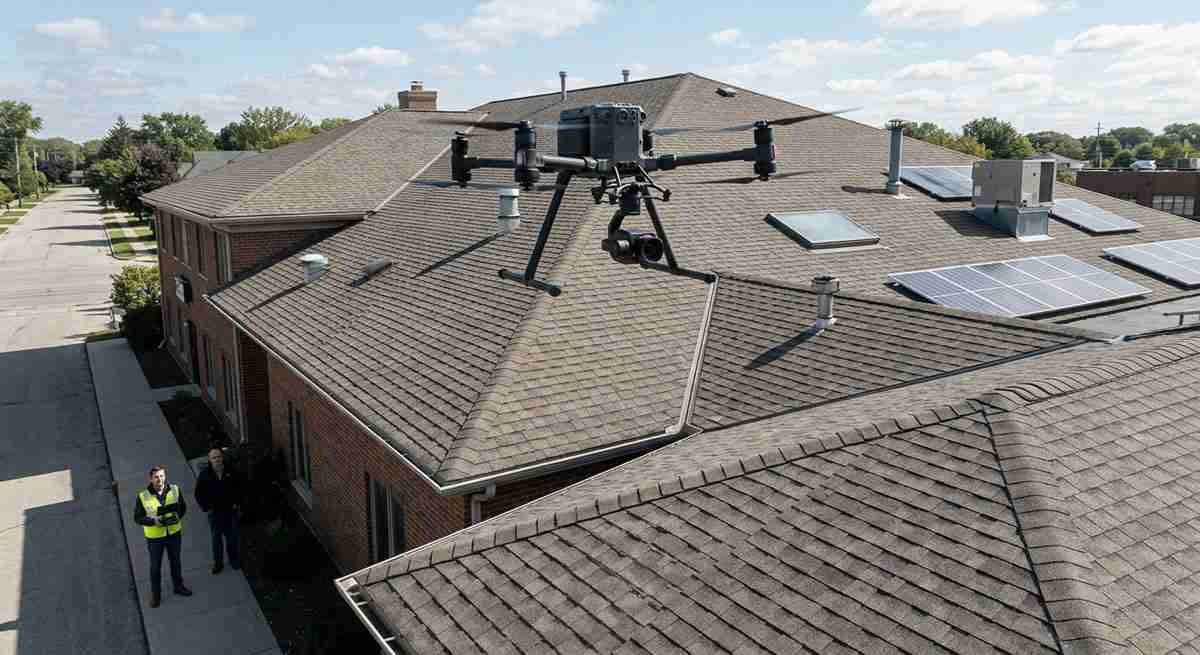 Drone performing a free roof inspection for River Valley Roofing